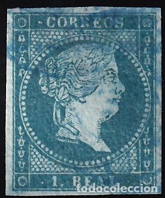 Sellos: ESPA&Ntilde;A, 1855 EDIFIL N&ordm; 41, 1 r. azul, [Mat. Fechador Azul, Papel, Filigrana Lazos.]