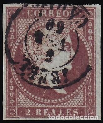 Sellos: ESPA&Ntilde;A, 1855 EDIFIL N&ordm; 42, 2 r. violeta. [Mat. Fechador.]