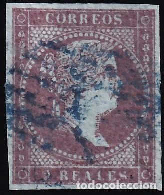 Sellos: ESPA&Ntilde;A, 1855 EDIFIL N&ordm; 42, 2 r. violeta. [Mat. Parrilla abierta azul.]