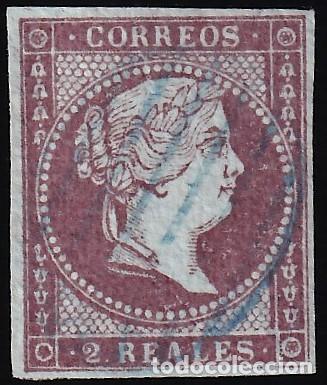 Sellos: ESPA&Ntilde;A, 1855 EDIFIL N&ordm; 42, 2 r. violeta. [Mat. Parrilla azul.]