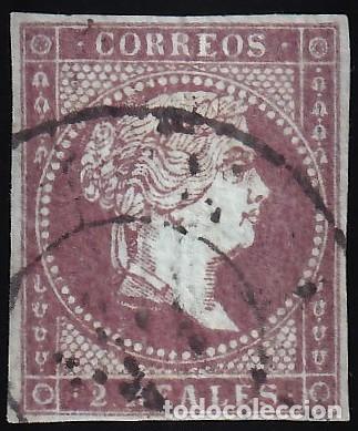 Sellos: ESPA&Ntilde;A, 1855 EDIFIL N&ordm; 42, 2 r. violeta. [Mat. Rueda de Carreta.]