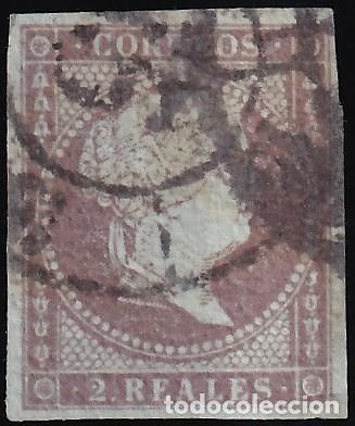 Sellos: ESPA&Ntilde;A, 1855 EDIFIL N&ordm; 42, 2 r. violeta. [Mat. Rueda de Carreta.]