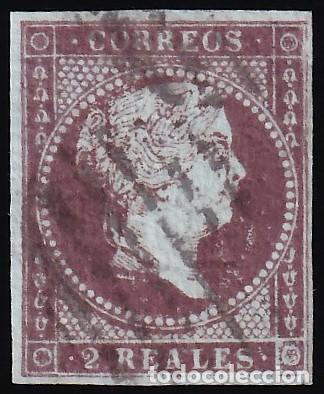Sellos: ESPA&Ntilde;A, 1855 EDIFIL N&ordm; 42, 2 r. violeta. [Mat. Rejilla.]