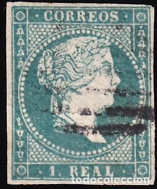 Sellos: ESPA&Ntilde;A, 1855 EDIFIL N&ordm; 45, 1 r. azul. [Papel L&iacute;neas Cruzadas.]