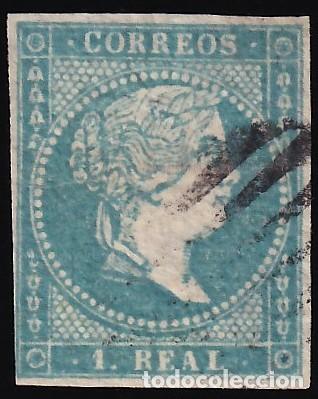 Sellos: ESPA&Ntilde;A, 1855 EDIFIL N&ordm; 45, 1 r. azul. [Papel L&iacute;neas Cruzadas.]