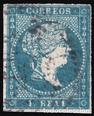Sellos: ESPA&Ntilde;A, 1855 EDIFIL N&ordm; 45, 1 r. azul. [Papel L&iacute;neas Cruzadas.]