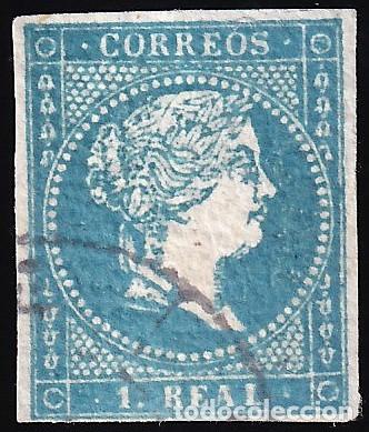 Sellos: ESPA&Ntilde;A, 1855 EDIFIL N&ordm; 45, 1 r. azul. [Papel L&iacute;neas Cruzadas.]