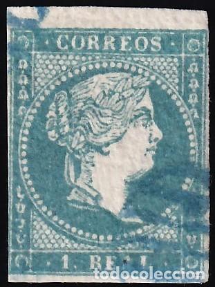 Sellos: ESPA&Ntilde;A, 1855 EDIFIL N&ordm; 45, 1 r. azul. [Mat Parrilla Azul.]