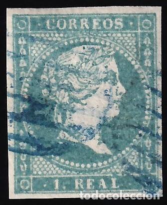 Sellos: ESPA&Ntilde;A, 1855 EDIFIL N&ordm; 45, 1 r. azul. [Mat Parrilla Azul.]