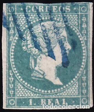 Sellos: ESPA&Ntilde;A, 1855 EDIFIL N&ordm; 45, 1 r. azul. [Mat Rejilla Azul.]