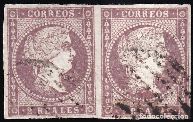 Sellos: ESPA&Ntilde;A, 1855 EDIFIL N&ordm; 46, 2 r. violeta, [Pareja, Filigrana L&iacute;neas Cruzadas.]