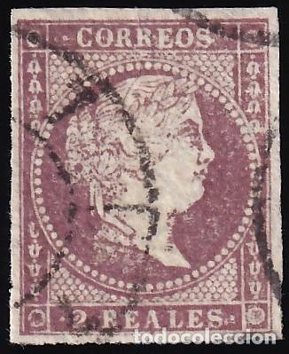 Sellos: ESPA&Ntilde;A, 1855 EDIFIL N&ordm; 46, 2 r. violeta, [Mat. Rueda de Carreta.]