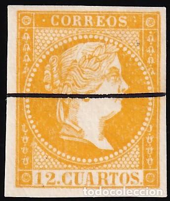 Sellos: ESPA&Ntilde;A, 1856/59 EDIFIL N&ordm; NE1 /*/, 12 c. naranja oscuro, [Certificado CEM.]