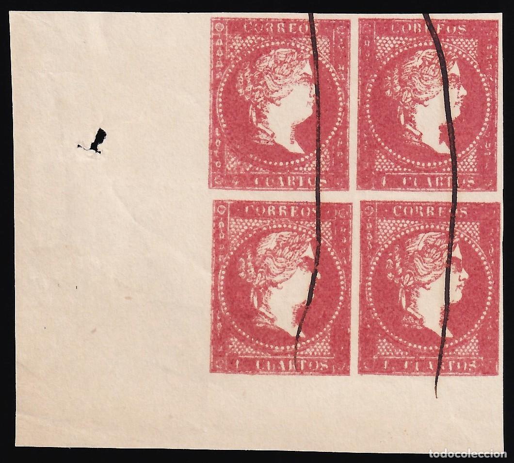 Sellos: ESPA&Ntilde;A, 1855 EDIFIL N&ordm; 48e (*), 4 c. rojo, [Bloque de cuatro / Doble impresi&oacute;n.]