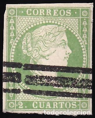 Sellos: ESPA&Ntilde;A, 1855 EDIFIL N&ordm; 47, 2 cu. verde, [Barrado]