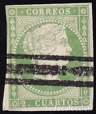 Sellos: ESPA&Ntilde;A, 1855 EDIFIL N&ordm; 47, 2 cu. verde, [Barrado]