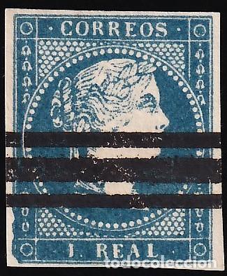 Sellos: ESPA&Ntilde;A, 1855 EDIFIL N&ordm; 49, 1 r. azul, [Barrado.]