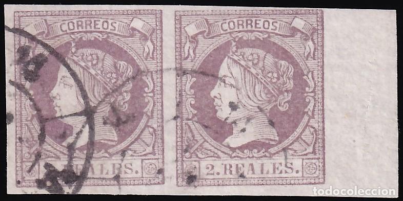 Sellos: ESPA&Ntilde;A, 1860-1861 EDIFIL N&ordm; 56, 2 r. violeta, [Pareja. Borde de Hoja.]