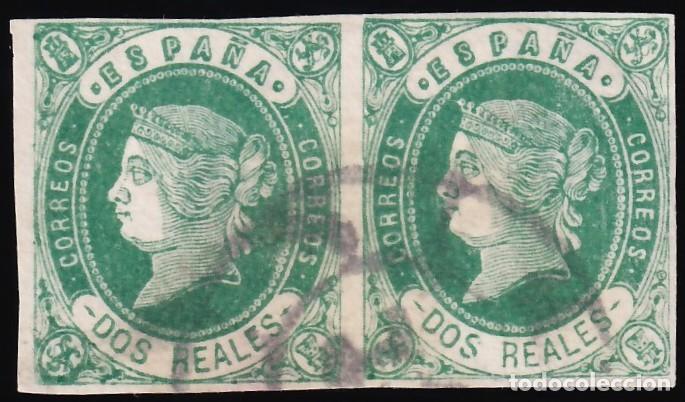 Sellos: ESPA&Ntilde;A, 1862 EDIFIL N&ordm; 62, 2 r verde s. rosa, [Pareja.]