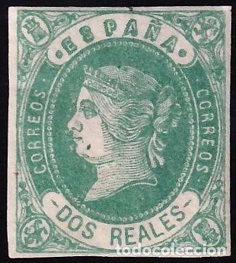Sellos: ESPA&Ntilde;A, 1862 EDIFIL N&ordm; 62 /*/, 2 r verde s. rosa