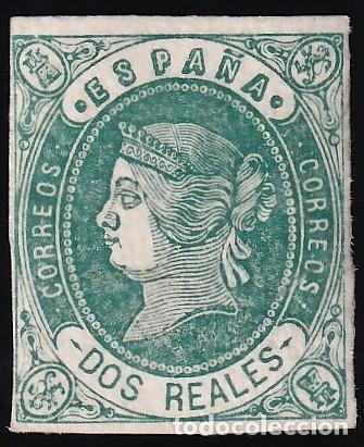 Sellos: ESPA&Ntilde;A, 1862 EDIFIL N&ordm; 62 /*/, 2 r verde s. rosa