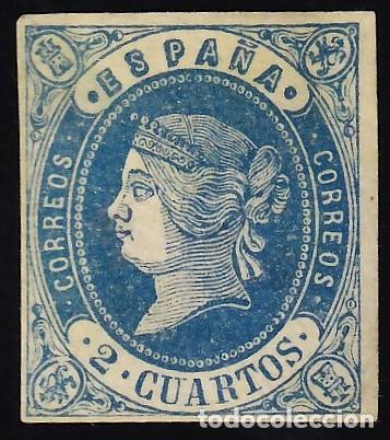 Sellos: ESPA&Ntilde;A, 1862 EDIFIL N&ordm; 57 /*/, 2 cu. azul s. amarillo