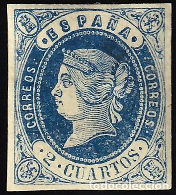 Sellos: ESPA&Ntilde;A, 1862 EDIFIL N&ordm; 57 /*/, 2 cu. azul s. amarillo