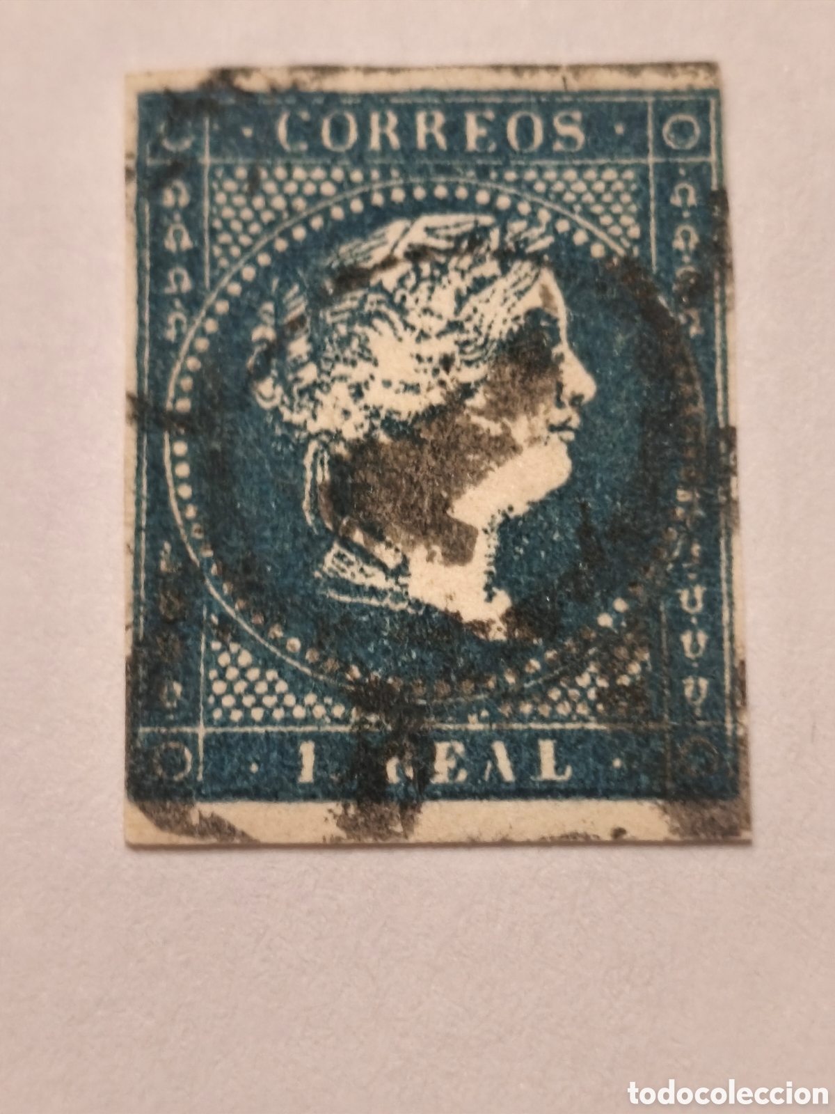 Sellos: Sello cl&aacute;sico de Espa&ntilde;a n 49 usado papel blanco 1 real azul verdoso ver imagenes