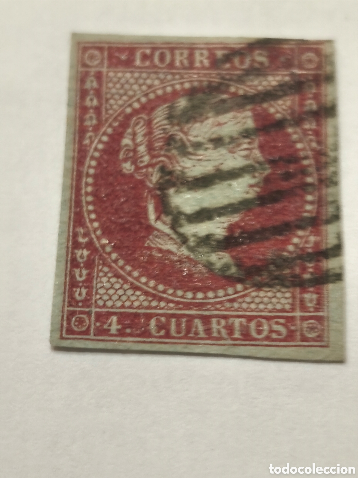 Sellos: Sello cl&aacute;sico de Espa&ntilde;a n 40 papel filigrana lazos verdoso azulado 4 cuartos granate parrilla ver