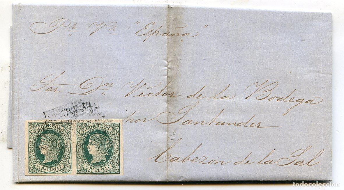 Sellos: Carta circulada de La Habana a Cabez&oacute;n de la Sal por vapor Espa&ntilde;a 1865 Dos sellos 1/2 real Isabel II