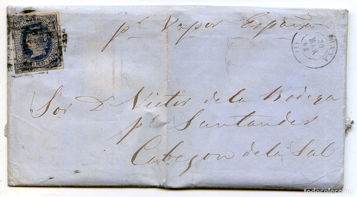 Sellos: Carta circulada de La Habana a Cabez&oacute;n de la Sal por vapor Espa&ntilde;a 1865 sello 1 real Isabel II