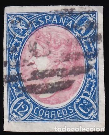 Sellos: ESPA&Ntilde;A, 1865 EDIFIL N&ordm; 70, 12 cu. Azul y rosa.