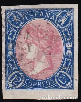 Sellos: ESPA&Ntilde;A, 1865 EDIFIL N&ordm; 70, 12 cu. Azul y rosa.