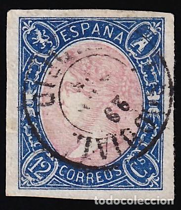 Sellos: ESPA&Ntilde;A, 1865 EDIFIL N&ordm; 70, 12 cu. Azul y rosa.