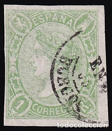 Sellos: ESPA&Ntilde;A, 1865 EDIFIL N&ordm; 72, 1 r. verde.