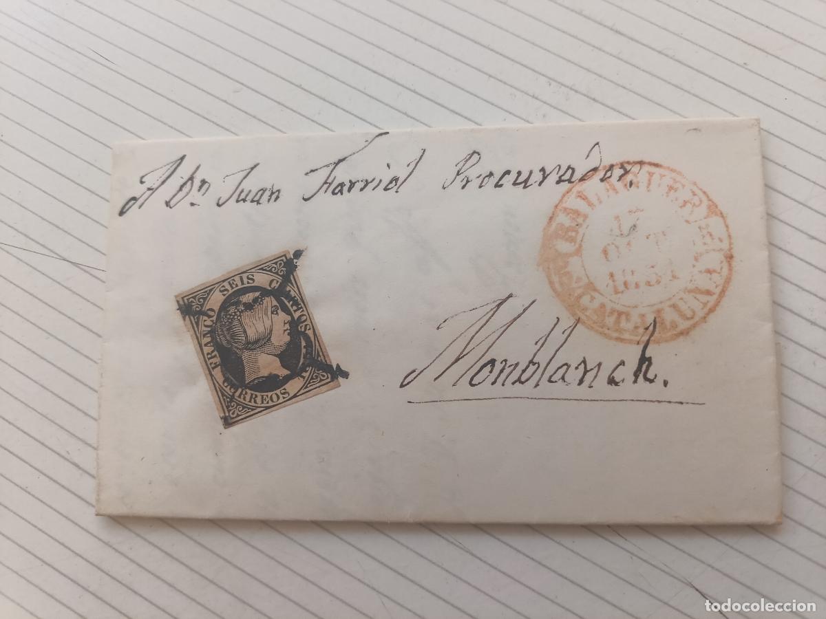 Sellos: CARTA ENTERA BALAGUER A MONTBLANCH, CATALU&Ntilde;A 6 CUARTOS NEGRO 1851
