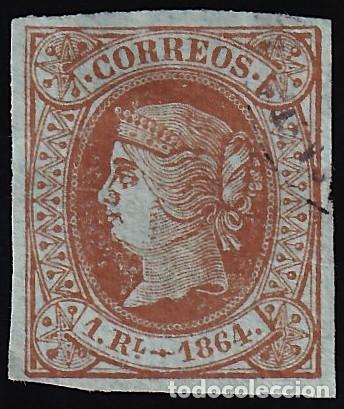 Sellos: ESPA&Ntilde;A, 1864 EDIFIL N&ordm; 67, 1 r. casta&ntilde;o,
