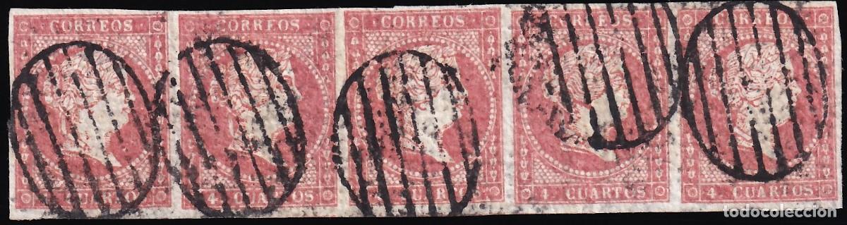 Sellos: ESPA&Ntilde;A, 1855 EDIFIL N&ordm; 44A, 4 cu. rojo, Tipo II. [Tira de cinco.]