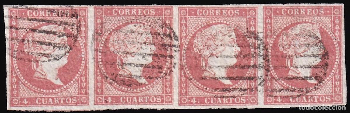 Sellos: ESPA&Ntilde;A, 1855 EDIFIL N&ordm; 44A, 4 cu. rojo, Tipo II. [Tira de cuatro.]