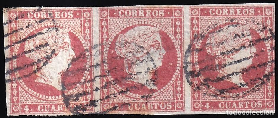 Sellos: ESPA&Ntilde;A, 1855 EDIFIL N&ordm; 44A, 4 cu. rojo, Tipo II. [Tira de tres.]