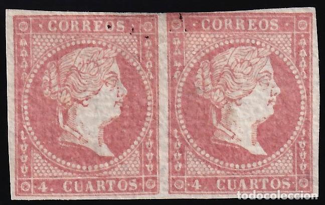Sellos: ESPA&Ntilde;A, 1855 EDIFIL N&ordm; 44 (*), 4 cu. rojo, Tipo I. [Pareja.]
