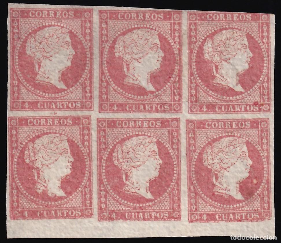 Sellos: ESPA&Ntilde;A, 1855 EDIFIL N&ordm; 44A (*), 4 cu. rojo, Tipo II. [Bloque de seis.]