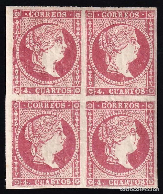 Sellos: ESPA&Ntilde;A, 1855 EDIFIL N&ordm; 48C **/*, 4 c. rojo, [Bloque de cuatro, Tipo, IV.]