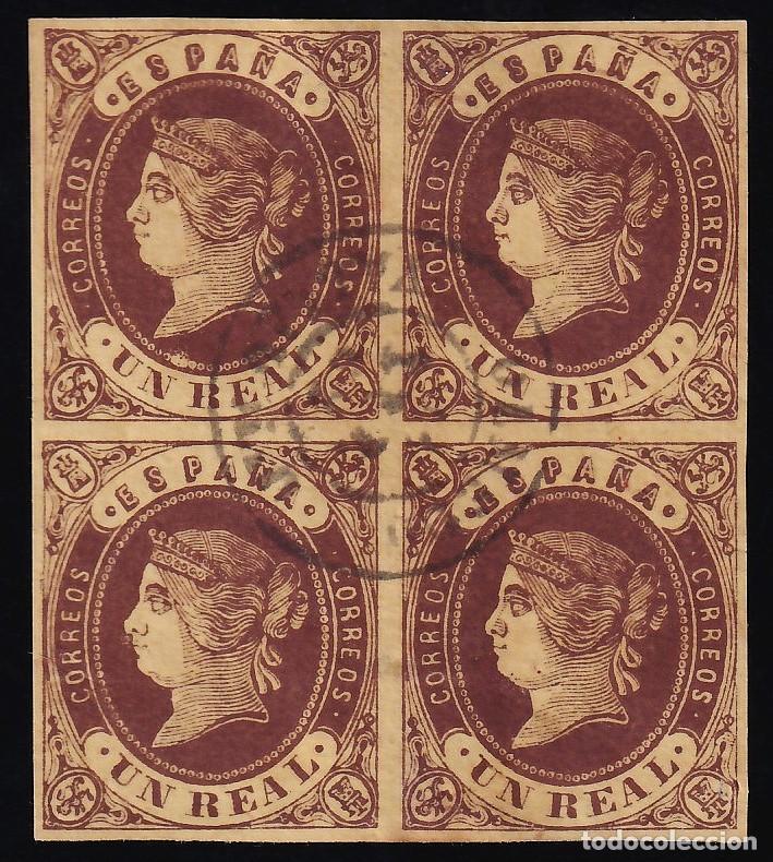 Sellos: ESPA&Ntilde;A, 1862 EDIFIL N&ordm; 61, 1 r casta&ntilde;o s. amarillo, [Bloque de cuatro.]