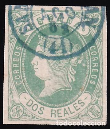 Sellos: ESPA&Ntilde;A, 1862 EDIFIL N&ordm; 62, 2 r verde s. rosa, [Mat. Fechador. Azul.]
