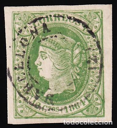 Sellos: ESPA&Ntilde;A, 1864 EDIFIL N&ordm; 65, 12 cu. verde. [Mat. Fechador Barcelona / sin d&iacute;a, mes y a&ntilde;o en el centro]