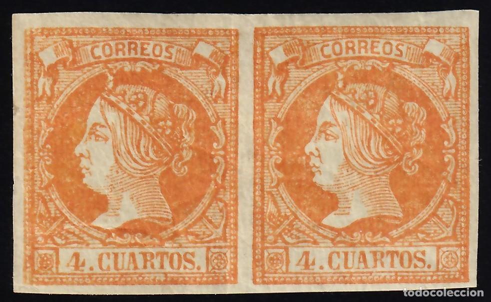 Sellos: ESPA&Ntilde;A, 1860-1861 EDIFIL N&ordm; 52 /*/, 4 cu. naranja. Pareja