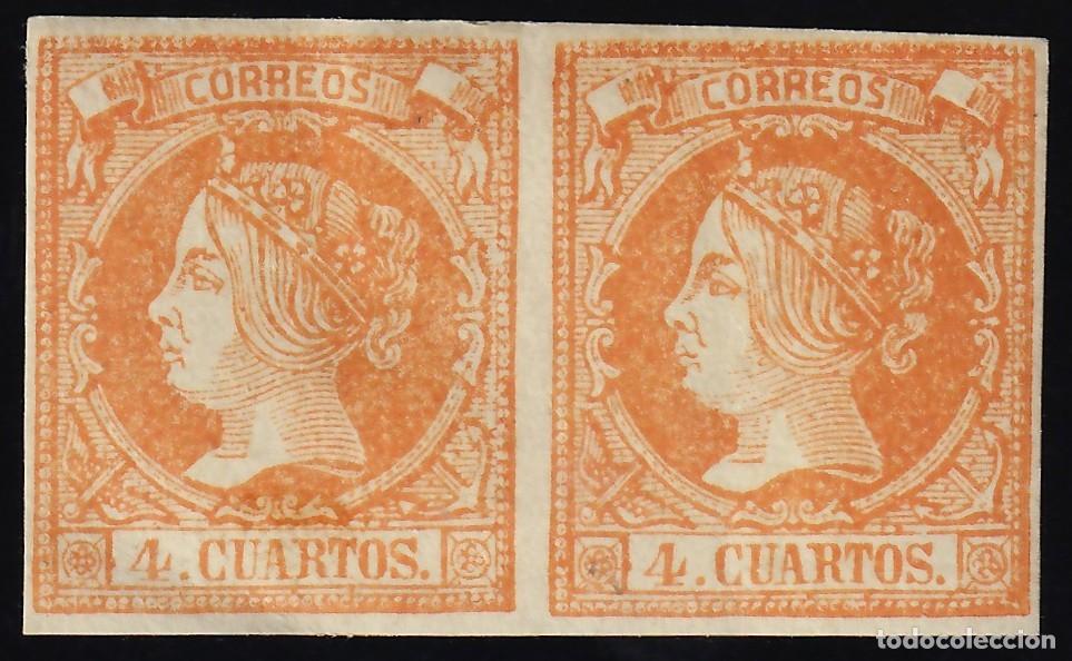 Sellos: ESPA&Ntilde;A, 1860-1861 EDIFIL N&ordm; 52 /*/, 4 cu. naranja. [Pareja.]