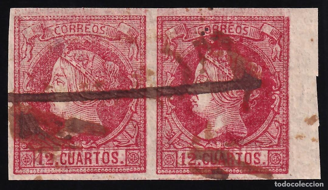 Sellos: ESPA&Ntilde;A, 1860 EDIFIL N&ordm; 53ed /*/, 12 cu. carm&iacute;n , [Pareja, Doble Impresi&oacute;n.]