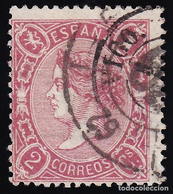Sellos: ESPA&Ntilde;A, 1865 EDIFIL N&ordm; 74, 2 cu. rosa rojizo, [Mat. Rueda de Carreta 62 / TUY.]